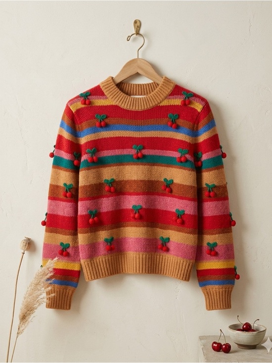 FARM Rio Sweaters - Farm Rio Colorful Stripe 3D Cherry Crochet Wool Blend Sweater NWT Small
